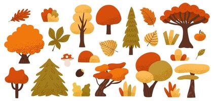 Set of autumn leaves and trees. Fall elements set for pattern, banner, sticker, Hello autumn card. Flat illustration on white background. vector