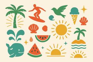 Retro Summer Beach Icon Set - Flat Tropical Symbols with Sun, Palm Trees, Surfer, Whale, Ice Cream and Watermelon vector