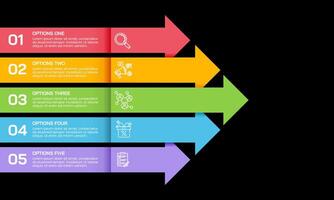 5 Steps or options business growth infographic colorful arrow on black background. Business presentation, Banner, Brochure, Report and Strategy. vector