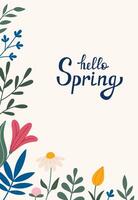 Decorative frame, border with flowers - tulip, leaves, lilies. Hello Spring hand drawn lettering. Doodle style. Copy space, design template. Hand drawn spring and summer flowers and foliage vector