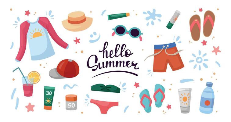 Beach holidays concept. Flat design, cartoon illustration. Hello Summer hand drawn lettering. Beach accessories, elements. Strokes of sunscreen cream. Beach holidays concept. Flat design