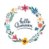 Decorative round frame with flowers and lettering hello summer. . Doodle style. Copy space, design template, circle frame. Hand drawn spring and summer flowers and foliage vector