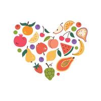 Different fruits and berries in shape of heart. Fruits heart. Heart made of fruits t-shirt print. Flat design, doodle style. vector
