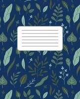 Notebook cover design with leaves and herbs on dark blue background. Flat design. Doodle style. Copy book template with copy space. vector