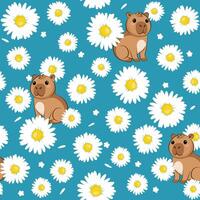 Chamomile flower with funny capybara on blue background vector