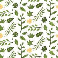 pattern of green garden branches, leaves. Flowers, bushes, branches, grass. Flat color illustration in texture. Greenery in the garden. Suitable for decorating children's and nature projects, prints vector