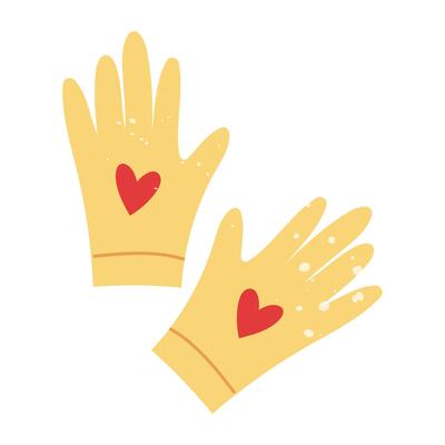 Rubber weeding gloves with heart and texture. Flat color isolated doodle illustration. Spring planting, summer weeding, autumn harvesting. posters, packaging, stickers, packaging, social media posts