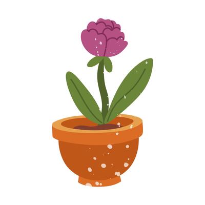 homemade flower in a flowerpot with texture. Flat color isolated doodle illustration. Sweet spring, autumn. It is suitable for decoration, postcards, packaging, prints, covers and social design, cozy