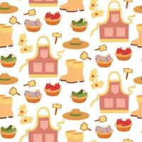 Gardening items with baskets of vegetables. Clothes and vegetables collected. Flat color illustrations in texture. Beautiful clothes for the harvest. Spring planting, summer weeding, autumn harvesting vector