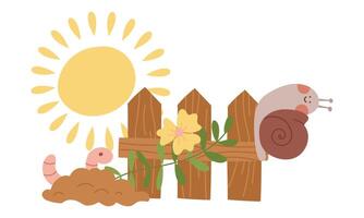 Illustration of a snail crawling along a fence with a worm. Spring blooming plants and insects in bloom. Color flat illustration. Suitable for spring postcards, prints, blog design, children's books vector