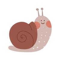 Cute snail with a smile and texture. Flat isolated color doodle illustration. An insect in the garden. Perfect for prints, packaging, posters, blogs and children's or nature projects in a cozy style vector