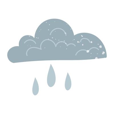 Clouds with raindrops and texture. Flat color isolated doodle illustration. It is suitable for the design of prints, posters, packaging, social media posts and weather design. Weather forecast