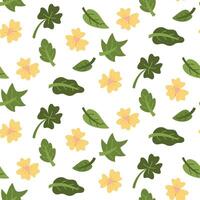 pattern of various garden flowers and leaves. Flat color illustration in texture. Greenery in the garden. It is suitable for decorating children's, nature projects, prints. Seamless. Isolated on white vector