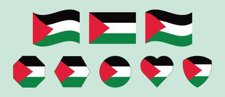 Collection of Palestine national flag icons in flat style, isolated on white background. Includes badges, stickers, and design elements perfect for graphic projects, infographics vector