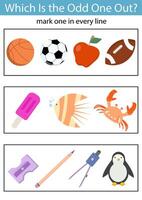 Which is the odd one out. Logical activity for kids. Educational game worksheet for children for attention skills. Find the correct picture. vector