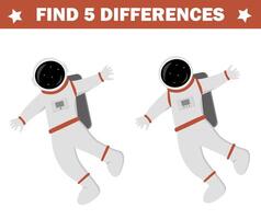 Find 5 differences. Game for kids. Print activity page. Astronaut a space suit. Visual puzzle for children. Easy entertainment. vector