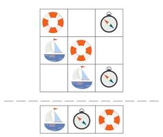What comes next activity page. Logic puzzle for kids. Nautical theme. Find the right next image. Easy riddle entertainment for children. vector