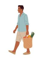 Man walking with a grocery bag full of vegetables vector