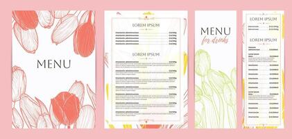 Elegant pink food and drinks menu designs. Restaurant menu template. Beautiful A4 format with high quality flowers for print and online usage. Hand drawn line art tulips illustrations. vector