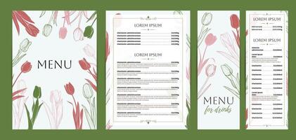 Elegant food and drinks menu designs. Restaurant menu template. Beautiful A4 format with high quality flowers for print and online usage. Saturated hand drawn line art tulips illustrations. vector