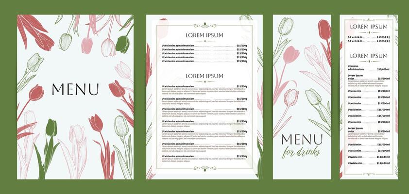 Elegant food and drinks menu designs. Restaurant menu template. Beautiful A4 format with high quality flowers for print and online usage. Saturated hand drawn line art tulips illustrations.