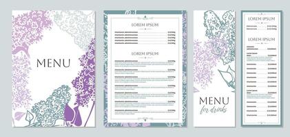 Elegant food and drinks menu designs. Restaurant menu template. Beautiful A4 format with high quality flowers for print and online usage. Saturated hand drawn line art lilac illustrations. vector