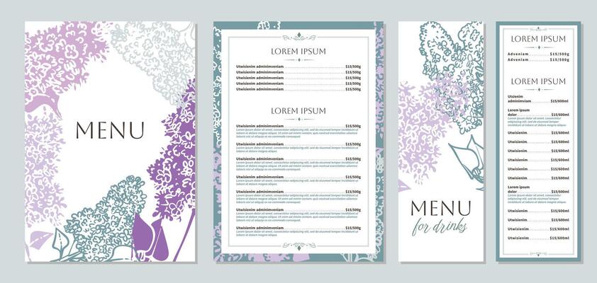 Elegant food and drinks menu designs. Restaurant menu template. Beautiful A4 format with high quality flowers for print and online usage. Saturated hand drawn line art lilac illustrations.