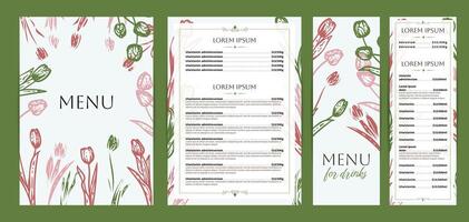 Playful food and drinks menu designs. Restaurant menu template. Beautiful A4 format with high quality flowers for print and online usage. Saturated hand drawn line art tulips illustrations. vector