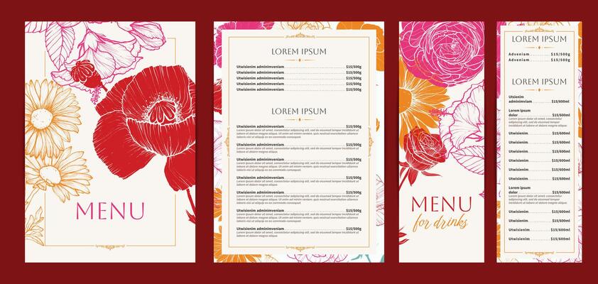 Elegant food and drinks menu designs. Restaurant menu template. Beautiful A4 format with high quality poppy, daisy, rose, hibiscus. Saturated hand drawn line art summer flowers illustrations.
