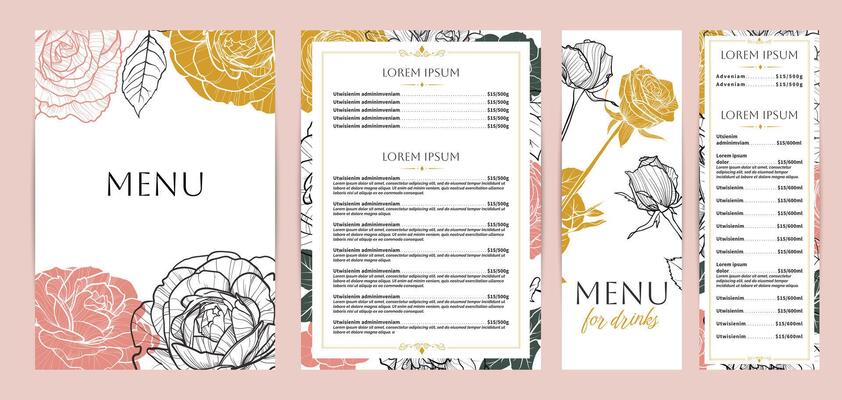 Elegant food and drinks menu designs. Restaurant menu template. Beautiful A4 format with high quality flowers. Saturated hand drawn line art yellow and pink roses illustrations.