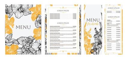 Elegant food and drinks menu designs. Restaurant menu template. Beautiful A4 format with high quality flowers for print and online usage. Saturated hand drawn line art gladiolus illustrations. vector
