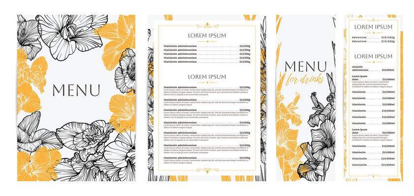 Elegant food and drinks menu designs. Restaurant menu template. Beautiful A4 format with high quality flowers for print and online usage. Saturated hand drawn line art gladiolus illustrations.