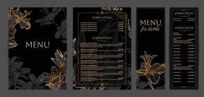 Luxurious food and drinks menu designs. Restaurant menu template. Elegant A4 format with high quality flowers for print and online usage. Golden hand drawn line art tiger lily illustrations. vector