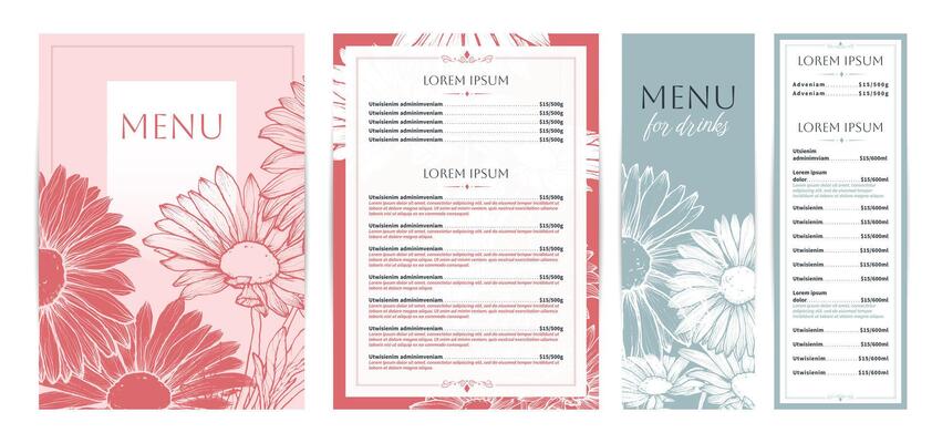 Elegant food and drinks menu designs. Restaurant menu template. Beautiful A4 format with high quality flowers for print and online usage. Pastel hand drawn line art daisies illustrations.