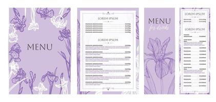 Elegant food and drinks menu designs. Restaurant menu template. Beautiful A4 format with high quality flowers for print and online usage. Saturated hand drawn line art iris illustrations. vector