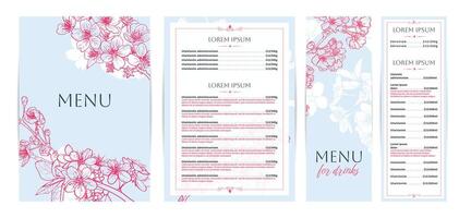 Elegant blue food and drinks menu designs. Restaurant menu template. Beautiful A4 format with high quality flowers for print and online usage. Hand drawn line art cherry blossoms illustrations. vector