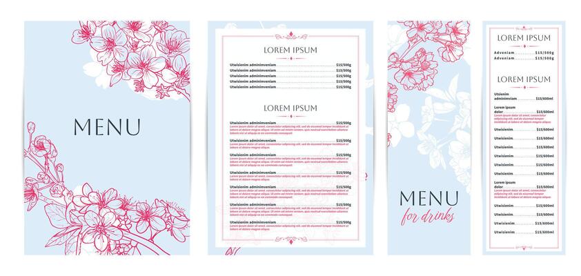 Elegant blue food and drinks menu designs. Restaurant menu template. Beautiful A4 format with high quality flowers for print and online usage. Hand drawn line art cherry blossoms illustrations.