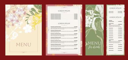 Elegant food and drinks menu designs. Restaurant menu template. Beautiful A4 format with high quality tulip, cherry blossom, freesia. Pastel hand drawn line art spring illustrations. vector