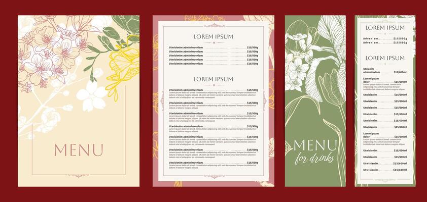 Elegant food and drinks menu designs. Restaurant menu template. Beautiful A4 format with high quality tulip, cherry blossom, freesia. Pastel hand drawn line art spring illustrations.