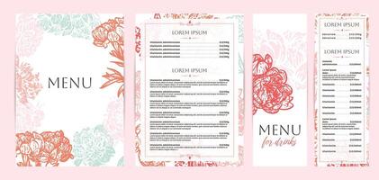 Colorful food and drinks menu designs. Restaurant menu template. Beautiful A4 format with high quality flowers for print and online usage. Saturated hand drawn line art peony illustrations. vector