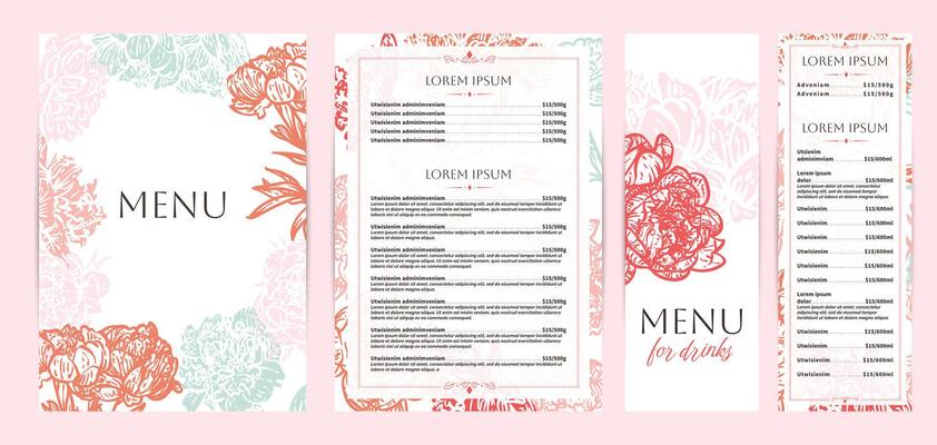 Colorful food and drinks menu designs. Restaurant menu template. Beautiful A4 format with high quality flowers for print and online usage. Saturated hand drawn line art peony illustrations.