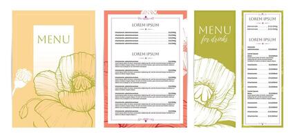 Elegant food and drinks menu designs. Restaurant menu template. Beautiful A4 format with high quality flowers for print and online usage. Saturated hand drawn line art poppies illustrations. vector
