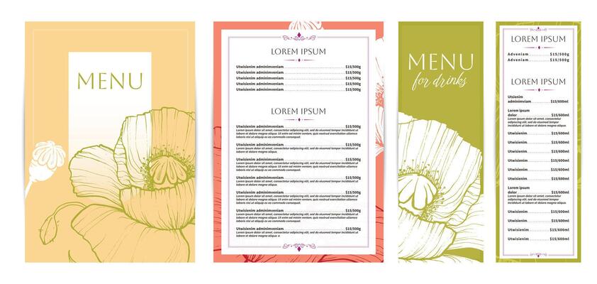 Elegant food and drinks menu designs. Restaurant menu template. Beautiful A4 format with high quality flowers for print and online usage. Saturated hand drawn line art poppies illustrations.
