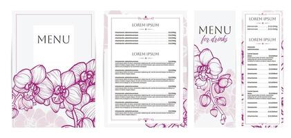 Elegant food and drinks menu designs. Restaurant menu template. Beautiful A4 format with high quality flowers for print and online usage. Saturated hand drawn line art orchid illustrations. vector