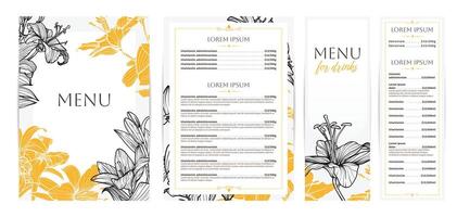 Elegant food and drinks menu designs. Restaurant menu template. Beautiful A4 format with high quality flowers for print and online usage. Saturated hand drawn line art tiger lily illustrations. vector