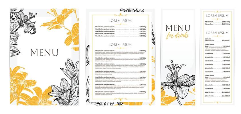 Elegant food and drinks menu designs. Restaurant menu template. Beautiful A4 format with high quality flowers for print and online usage. Saturated hand drawn line art tiger lily illustrations.