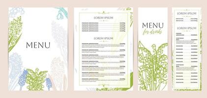 Elegant food and drinks menu designs. Restaurant menu template. Beautiful A4 format with high quality lily of the valley, snowdrop, hyacinth. Pastel hand drawn line art spring illustrations. vector