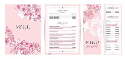 Elegant pink food and drinks menu designs. Restaurant menu template. Beautiful A4 format with high quality flowers for print and online usage. Hand drawn line art cherry blossoms illustrations. vector