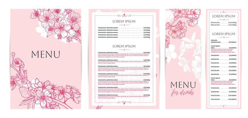 Elegant pink food and drinks menu designs. Restaurant menu template. Beautiful A4 format with high quality flowers for print and online usage. Hand drawn line art cherry blossoms illustrations.