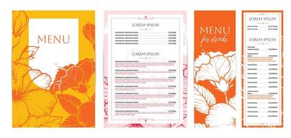 Elegant food and drinks menu designs. Restaurant menu template. Beautiful A4 format with high quality flowers for print and online usage. Pastel hand drawn line art hibiscus illustrations. vector